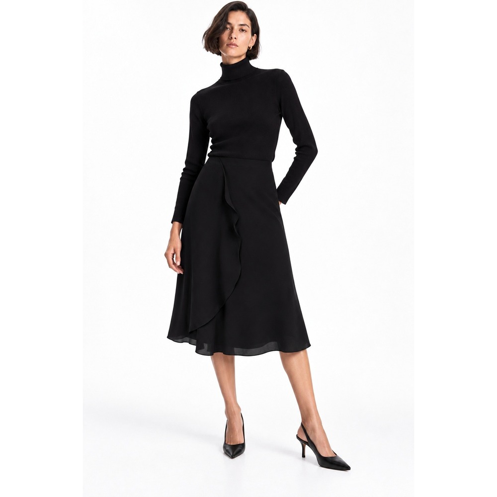 COS Black Ruffle Front Midi Skirt A-Line Lightweight Womens Size 2